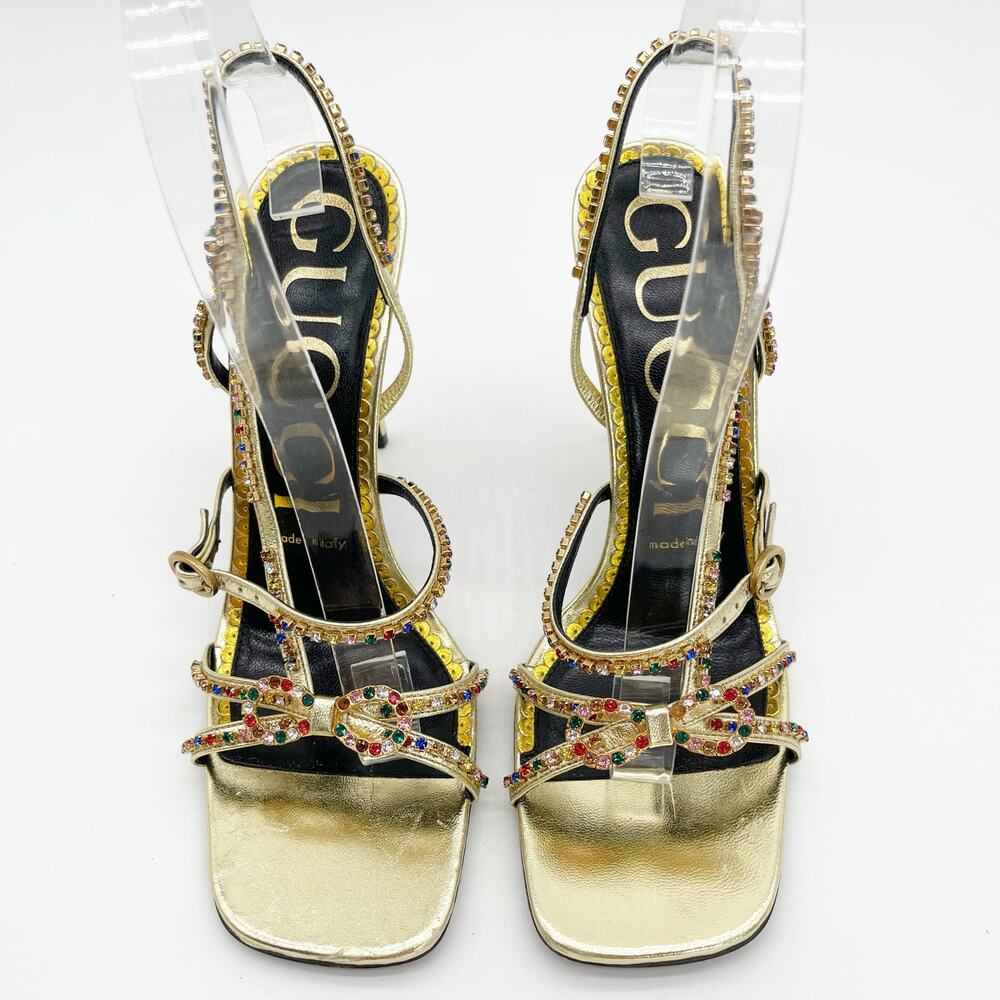 Gucci Carmen Crystal Embellished Gold Leather Bow High Heel Sandals EU 38.5 - Picture 6 of 13